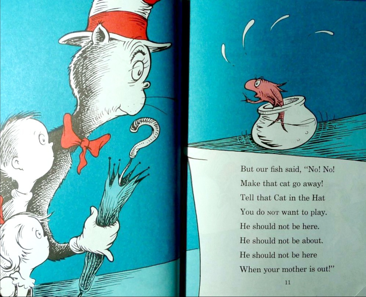 蘇斯巧妙的把畫面安排為兩個孩子跟帶帽子的貓站在左邊，魚在右邊，是威權體制與自由個體兩相的對抗。