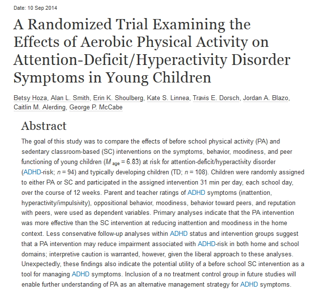 A Randomized Trial Examining the Effects of Aerobic Physical Activity on Attention-Deficit/Hyperactivity Disorder Symptoms in Young Children